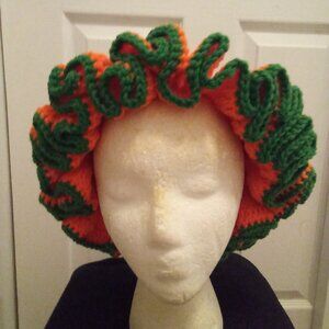Handed Crafted Crochet Ruffle Hat, Size one fit most, Color Orange and Green.